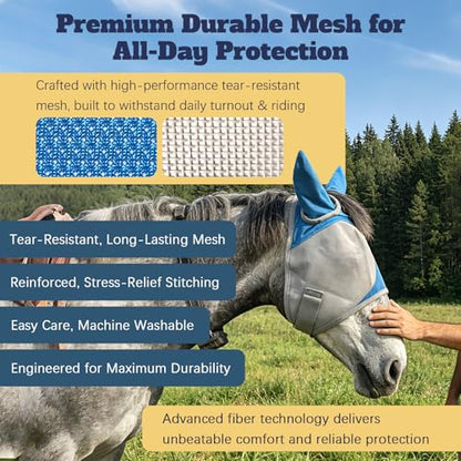 Horse Fly Mask with Ears, Breathable UV Protection Mesh, Large Eye Space No Rubbing, Soft Fleece Trim, Adjustable Comfort Fit, Lightweight Horse Mask for Summer Turnout (XL) - size: Extra Large
