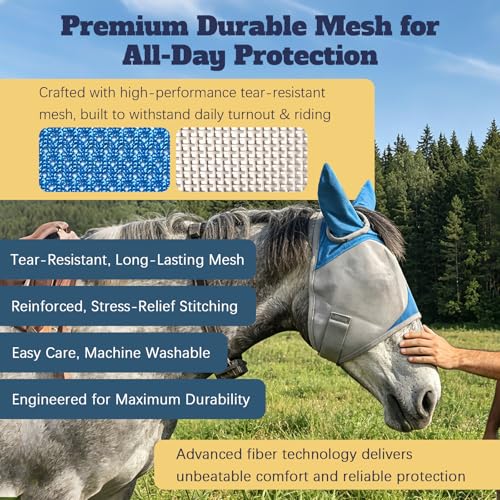 Horse Fly Mask with Ears, Breathable UV Protection Mesh, Large Eye Space No Rubbing, Soft Fleece Trim, Adjustable Comfort Fit, Lightweight Horse Mask for Summer Turnout (L) - size: Large