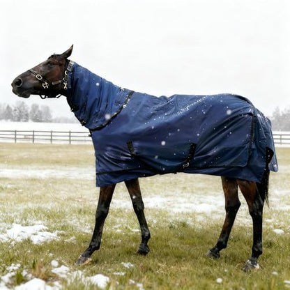 Horse Turnout Blanket | Medium Weight Horse Blanket with 1200D 250g Cotton Filling | Detachable Neck Cover & Belly Wrap (72in/135cm) - color: Blue&Black
