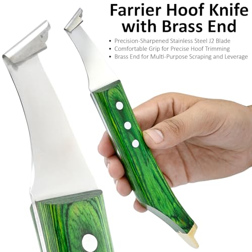 Premium Farrier Loop & Hoof Knife with Brass End – Professional Hoof Trimming Tool for Horses, Cows & Livestock, Stainless Steel Blade, Ergonomic Wood Handle (Green) - color: Green