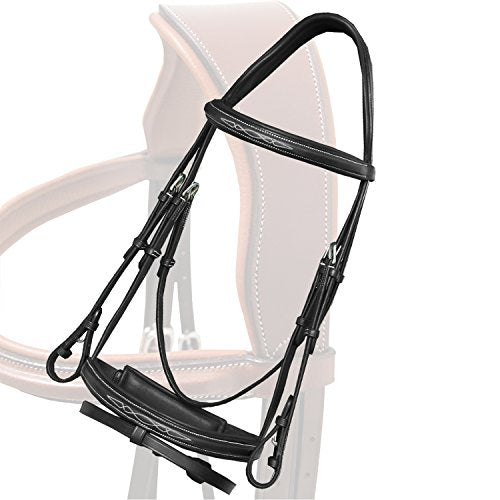 Exion Horse Snaffle Jumping Bridle with Removable Flash & Rubber Reins | Anatomical MonoCrown, Padded Noseband, Fancy Stitched Browband | English Bridle - color: Black, size: Pony/Small Size