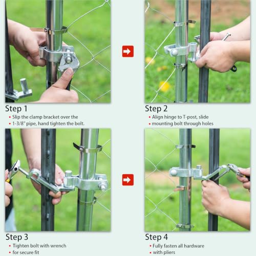 2-Pack T-Post Gate Hinge Kit, 1-5/8" Female Hinges and Hinge Pins, Galvanized Steel, 200° Swing for Chain Link/Metal Gates, Farm & Garden