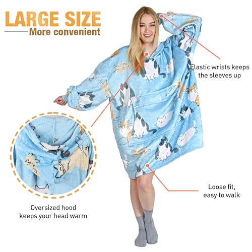 Catalonia Oversized Blanket Hoodie, Cat Print Fleece Wearable Blanket - color: Cat Blue