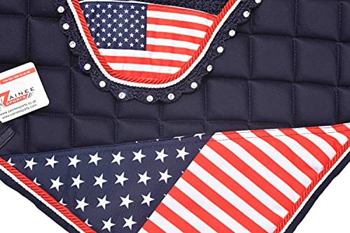 USA Flag Horse Saddle Pad Set with Matching Fly Bonnet – All Purpose English Saddle Pad, Patriotic Horse Gear, 4th of July Equestrian Outfit, Jumping & Training Tack - size: COB