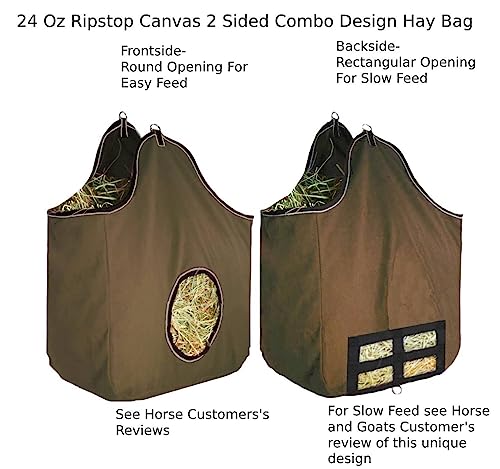 Derby Originals Large 24 OZ Canvas Horse Hay Bag 2 Sided Combo Design X Wide Gusset and 6 Month Warranty - color: Tan/Chocolate