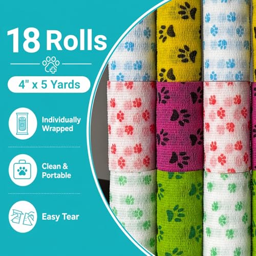 4 Inch Vet Wrap for Large Dogs, 18 Rolls Dog Leg & Paw Wound Care | Bandage Wrap, Minor Wounds, Hotspots, Broken Nails, Gauze Pads & Licking Protection