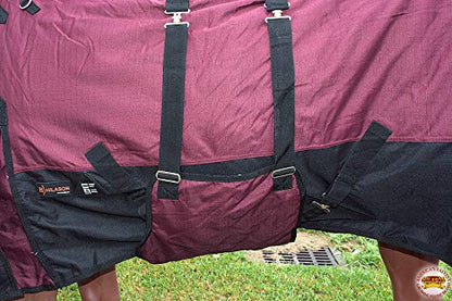 Horse Turnout Blanket Hilason 600D Waterproof Winter Blanket with Belly Wrap 250g Fill Rip-Stop Shell Fleece Wither Lining Wine Black - size: 78 In