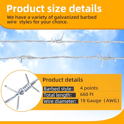 AggFencer 660ft Barbed Wire, 4 Point Hot-Dip Galvanized Barb Wire Roll | 18Ga, Suitable for Crafts Fences, Fence for Critter Deterrent - size: 4-points 660ft 18ga