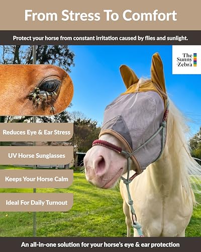 TSZ Horse Fly Mask with Ears Cover - UV Block 70% Breathable Mesh Flymask | Fly Masks for Horses, Durable Fly Control Mask, Comfortable All-Day Protection for Equines. Fleece Padding, Adjustable Straps - size: Horse