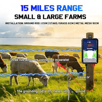 12KV DC AC Powered Electric Fence Charger, 15 Miles 4 Joules Pulse - color: Blue