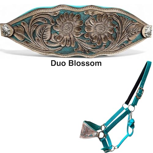 Majestic Ally Western Horse Bronc Halter, Turquoise Padded Leather Noseband, Antique Finish, Tooled Floral Design, Adjustable Nylon - style: Duo Blossom