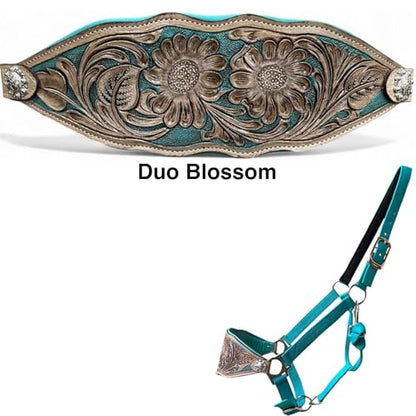 Majestic Ally Western Horse Bronc Halter, Turquoise Padded Leather Noseband, Antique Finish, Tooled Floral Design, Adjustable Nylon - style: Duo Blossom