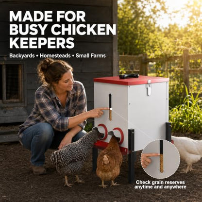 PETNF 55LB Automatic Chicken Feeder, 40L Metal No Waste Poultry Feeder with Rat-Proof Design, 4 Feeding Ports, Weatherproof Locking Lid, Height-Adjustable Legs for Chickens, Ducks and Geese