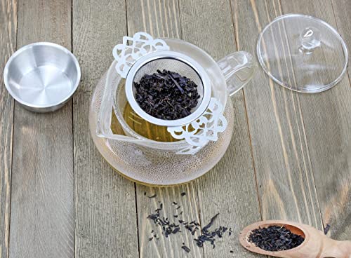SOLSTICE TEA TRADERS Empress Tea Strainers with Drip Bowls (Pack of 2) Elegant Stainless Steel Loose Leaf Tea Strainers