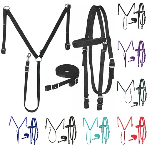 Majestic Ally Nylon Padded Equestrian Browband Headstall, Reins & BreastCollar Set for Horse- Full - color: Black