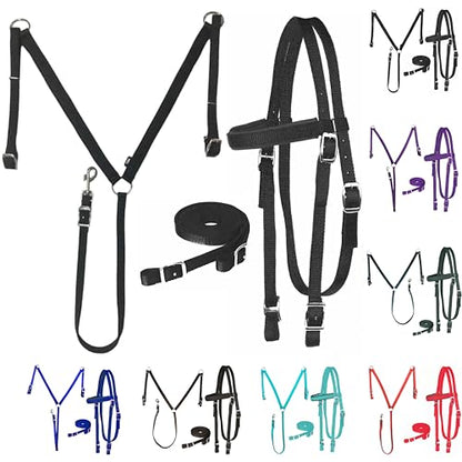 Majestic Ally Nylon Padded Equestrian Browband Headstall, Reins & BreastCollar Set for Horse- Full - color: Black