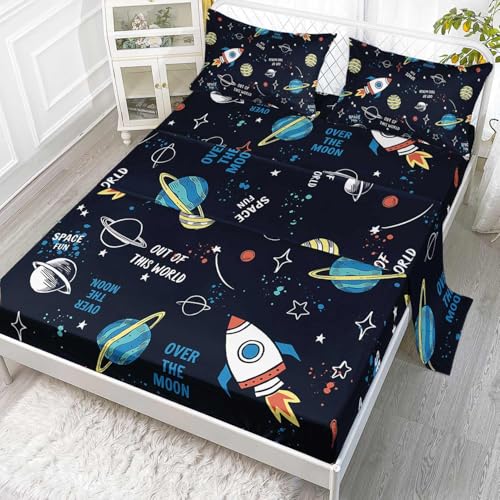 Space Ship Galaxy Sheets Set 4Pcs for Kids,Astronaut Space Rocket Printed Sheet Set with 1 Flat Sheet and 1 Fitted Sheet + 2 Pillowcases(Space-2 Full) - color: Space-2, size: Full 81x97 inches