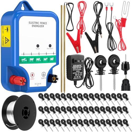 MorningRo Electric Fence Kit, 8 Mile 12kV 2J Electric Fence Charger AC/DC Powered with 50 Insulators, Socket Tool, 250ft Aluminum Wire for Livestock Control(Classic Ver.,Blue) - style: Classic Ver