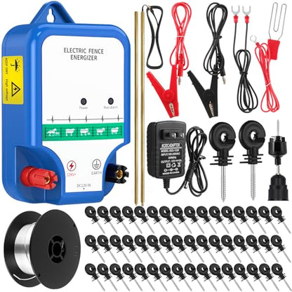 MorningRo Electric Fence Kit, 8 Mile 12kV 2J Electric Fence Charger AC/DC Powered with 50 Insulators, Socket Tool, 250ft Aluminum Wire for Livestock Control(Classic Ver.,Blue) - style: Classic Ver
