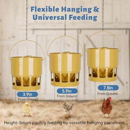 KOL Hanging Chicken Feeder – 20lbs Metal Chicken Feeder No Waste, Adjustable Poultry Feeder with 12 Ports, No Installation & Universal Height Design (Yellow) - color: Yellow