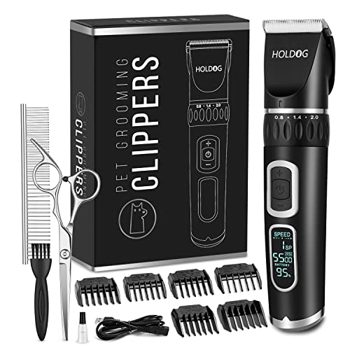 HOLDOG Dog Clippers Professional Heavy Duty Dog Grooming Clipper 3-Speed Low Noise High Power Rechargeable Cordless Pet Grooming Tools for Small & Large Dogs Cats Pets with Thick & Heavy Coats - color: Silver