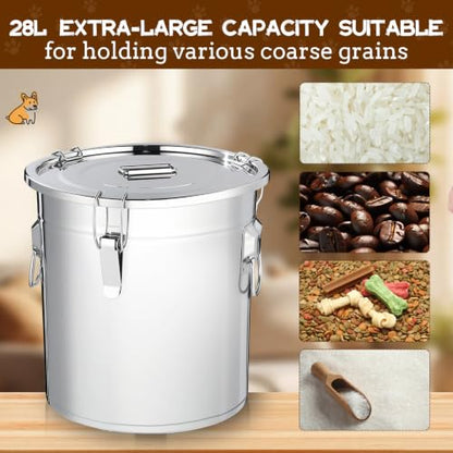 Lounsweer 2 Pack 8.9+5.5 Gal Stainless Steel Dog Food Storage Container with Lid and Locking Clamp 33L+21L Metal Airtight Container Large Stainless Steel Bucket with Food Scoop for Pet Feed - size: 21L+33L