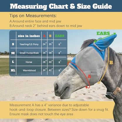 Horse Fly Mask with Ears, Breathable UV Protection Mesh, Large Eye Space No Rubbing, Soft Fleece Trim, Adjustable Comfort Fit, Lightweight Horse Mask for Summer Turnout (L) - size: Large