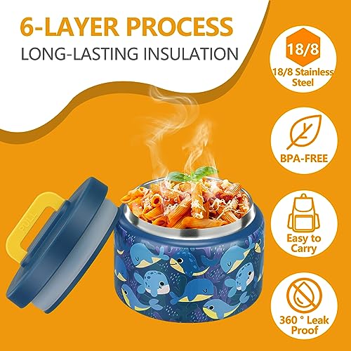 PIQUEBAR 8oz Kids Thermo for Hot Food,Small Lunch Thermo Food Container Stainless Steel,Easy Open Wide Mouth Thermo for Hot Cold Food for Preschool Travel - color: Blue Whale