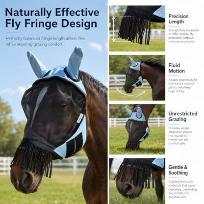 Breathable Horse Fly Mask with Ears and Nose Fringe(L) - size: L