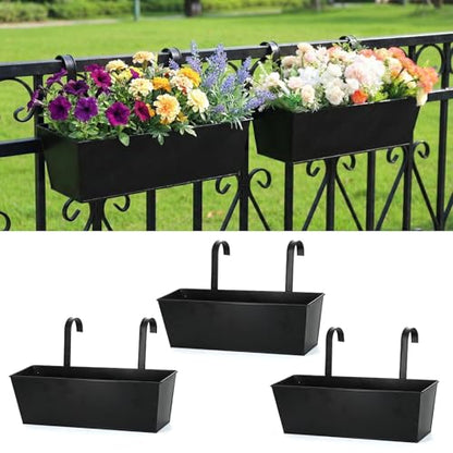3 Pack Metal Railing Planters, 16 Inch Large Rectangular Hanging Flower Pots with Detachable Hooks & Drainage Holes, Fits Rails up to 2.5", Galvanized Iron Window Box for Balcony Garden - Black - color: Black, size: 3 Pack, 16.1"L x 5.1"W x 5.1"H