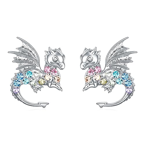 Cat Dinosaur Dragon Horse Stud Earrings for Women,Animal Wolf Sloth Fox LLama Butterfly Earrings Gifts Jewelry - color: Stud Dragon