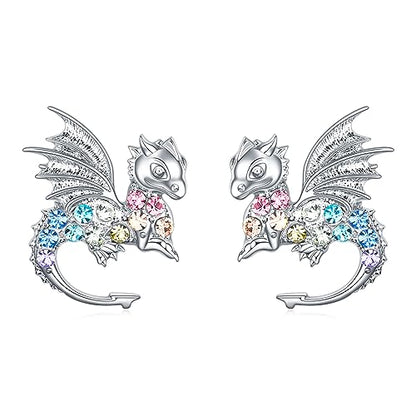 Cat Dinosaur Dragon Horse Stud Earrings for Women,Animal Wolf Sloth Fox LLama Butterfly Earrings Gifts Jewelry - color: Stud Dragon