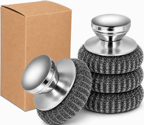 4Pcs Steel Wool Scrubber Set, Stainless Steel Scrubber with Stainless Steel Handle, for Cleaning Dishes, Cast Iron, Stock Pots, Pans, Griddles, Grills - color: Silver