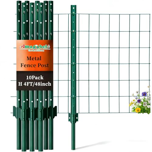 Amagabeli Heavy Duty Metal Fence Posts 4 Feet 10 Pack No Dig Garden U Post Stakes for Wire Fence Temporary Fencing Electric Fence Wire Safety Fence Mesh Fence Garden Fencing T Post for Yard Green - size: 4 Feet Post