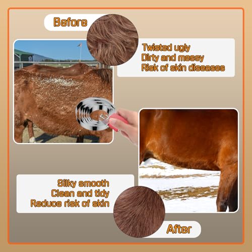 6 Rings Curry Comb Horse Brush Scraper Reversible Stainless Steel Livestock Shedding Comb with Soft Touch Grip for Horses Dog Pet