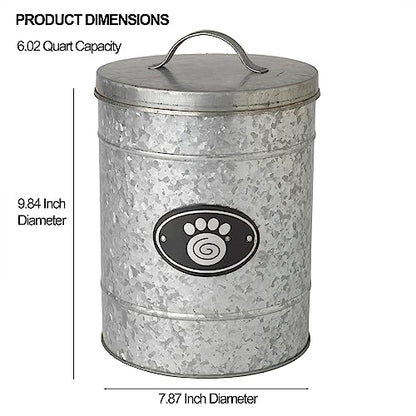 PetRageous 16079 Swirl Paw Galvanized Stainless-Steel Storage Container 6.02-Quart 7.87-Inch Diameter 9.84-Inch Tall for Dog Treats and Dog Food or Cat Treats, Metallic