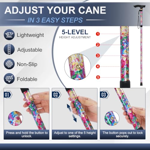 supregear Folding Cane, 5-Level Adjustable Height Walking Stick Lightweight Collapsible Portable Travel Cane with Wrist Strap and T Handle for Elderly Disabled Men Women - color: Pink Floral