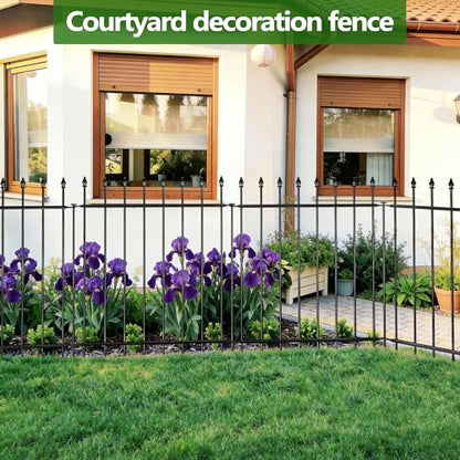 Decorative Metal Garden Fence，(10 Panels+ 11 Posts), Total Iength24 ft(W) x 32 in(H), High Metal Border Fence, Classic Roman Column Decoration, Garden and Lawn Landscape Fence, Black Animal Fence - size: 10 Panels-24 ft(W) x 32 in(H)