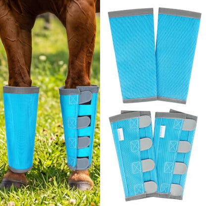 Fly Boots for Horses Set of 4 with Reflective Vercros, Loose Fitting Mesh Horse Fly Boots Leggings, Adjustable Equine Leg Wraps & Socks, Stay Up Not Sag, No Rub - color: Sky Blue