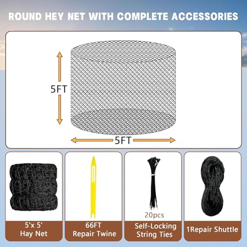 Large Round Bale Hay Net for Horses, 5x5 ft Hay Nets for Horses Slow Feed Knotless, Slow Feeder Hay nets for Horses,