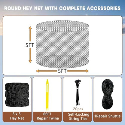 Large Round Bale Hay Net for Horses, 5x5 ft Hay Nets for Horses Slow Feed Knotless, Slow Feeder Hay nets for Horses,