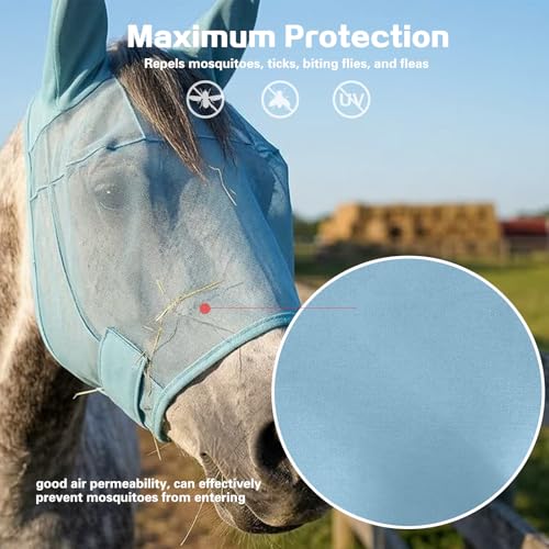 Horse Fly Mask with Ears, Adjustable and Breathable Fine Mesh for Eye Protection UV Protection from Insect Pests and UV Protection, Super Comfort All Round Fly Masks for Horses