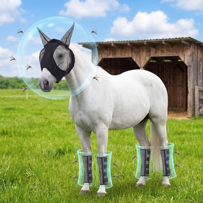 Hsei Mule Horse Fly Mask Set with Fly Boots with Ears Breathable Pony Equine Mask Horses Accessories for Pony Miniature Foal Draft Cob Arabian Donkey Farm Pet Small