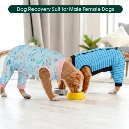 Kuoser Dog Recovery Suit with Anti Licking Rear Leg Sleeve, Blue M - color: Blue Strips, size: Medium (Back Length: 34cm / 13.38")