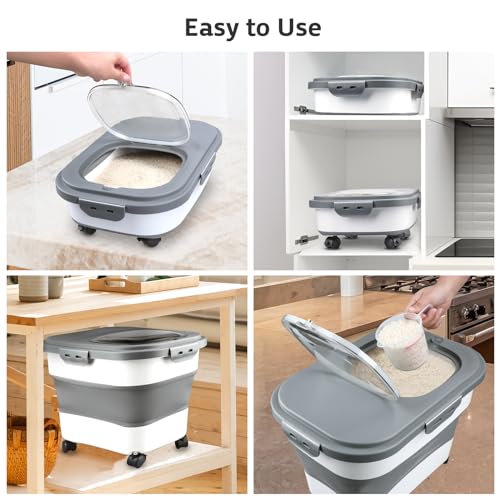 Komzon Rice Storage Containers, Collapsible 20 to 30Lbs Food Storage Bin Dispenser with Rolling Wheel and Clear Airtight Lid, BPA Free Flour, Sugar, Cereal and Dog Cat Pet food Containers - color: White