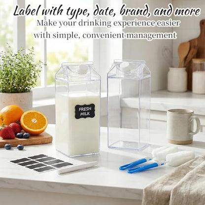 3 Pcs 64 Oz Large Clear Milk Carton Container with Brushes Labels and Pen Square Plastic Milk Water Bottle for Outdoor Camping or Climbing Tour