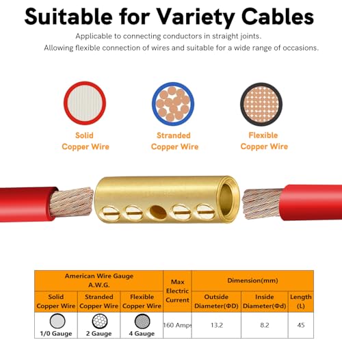 2 Gauge Wire Butt Connectors 6 PCS Brass Mechanical Butt Splice Connectors Kit 2 AWG Mechanical Repair Splice Kit Splice Screw Sleeves 6 PCS Mechanical Splices & 3:1 Heat Shrink Tubes - size: 2 Gauge, style: Mechanical Splice - Bare Pure Brass