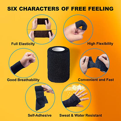 Self Adhesive Bandage Wrap| 6 Rolls 3"x 5 Yards Medical Tape,Vet Tape,Athletic Tape,Elastic Cohesive Bandage for Sports Injury,Stretch Athletic,Ankle,(Black)