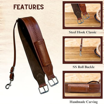 Hulara Western Carved Leather Rear Flank Back Saddle Girth Cinch Belt with Bucking Strap Comfytack |Premium Flank Cinch Belt Leather Horse Girth - color: Brown- Zig Zag
