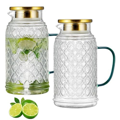 Buaic Glass Pitcher with Lid, 2 PACK 68 oz/2 Liter Vintage Water Pitcher - size: 2L-2PACK
